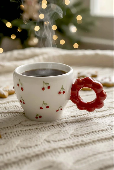 Kiraz Amore El Yapımı Yılbaşı Hediyesi Seramik Double Kahve Fincanı, Mug, Kupa ürün görseli 1