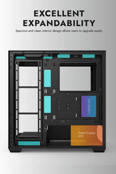AIGO DS900 AT-750W 80+ Bronze USB3.0 Type-C 4×12CM Fan Temperli Cam Siyah ATX Kasa - Resim 8