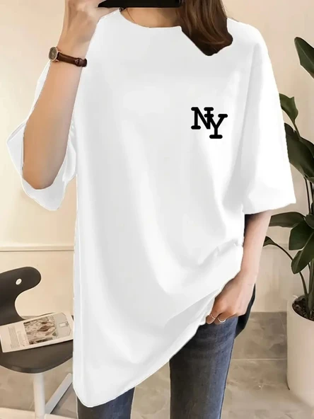 Baskılı Oversize Bisiklet Yaka T-shirt - Beyaz ürün görseli 1