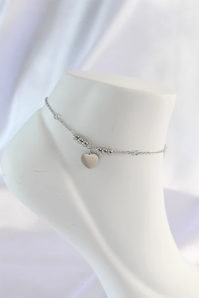 316L Çelik Gümüş Renk Zirkon Taş Detay Kalpli Halhal - TJ-HH1578 ürün görseli 1