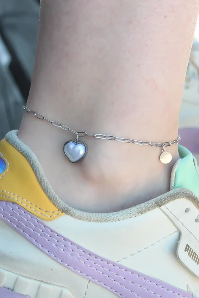 316L Çelik Gümüş Renk Kalp Model Kadın Halhal - TJ-HH1498 ürün görseli 1