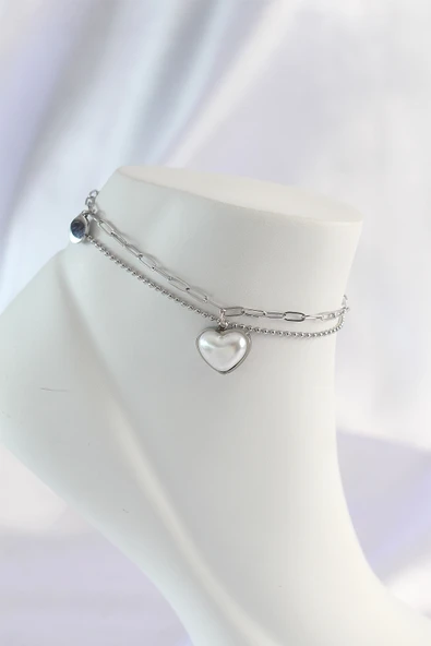 316L Çelik Gümüş Renk Beyaz Kalpli 2li Halhal - TJ-HH1585 ürün görseli 1