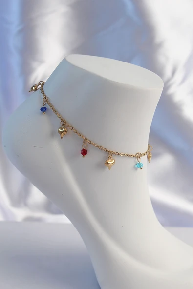 316L Çelik Gold Renk Minimal Kalp Model Renkli Zirkon Taşlı Halhal - TJ-HH1630 ürün görseli 1