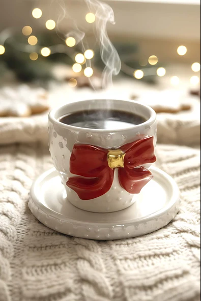 Kurdele 24 K Altın Süslemeli El Yapımı Yılbaşı Hediyesi Seramik Double Kahve Bardağı, Mug, Kupa ürün görseli 1