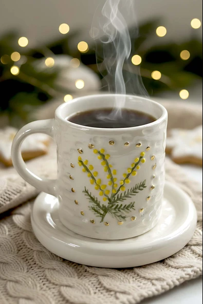 Sarı Kokina Amore 24 K Altın Süslemeli El Yapımı Yılbaşı Hediyesi Seramik Double Kahve Fincan Takımı ürün görseli 1