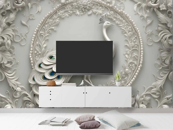 3D Beyaz Kabartma Görünümlü Tavuskuşu Duvar Kağıdı Baskı - Resim 3