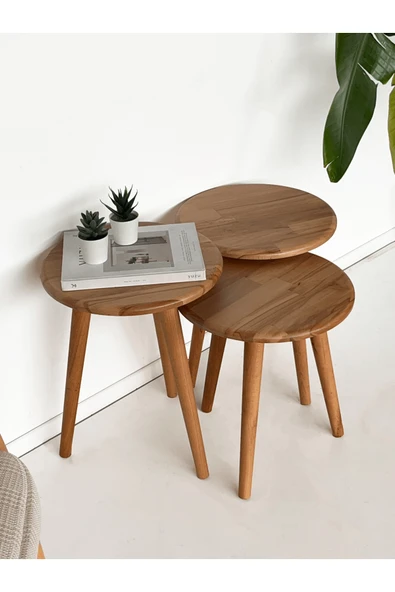 Fagus Wood ''Doğal Masif Ahşap Yörünge Sehpa Seti - 3'lü Zigon Yuvarlak Modern Takım (Yan, Dekoratif Sehpa)'' - Resim 2