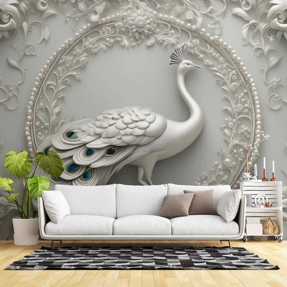 3D Beyaz Kabartma Görünümlü Tavuskuşu Duvar Kağıdı Baskı ürün görseli 1
