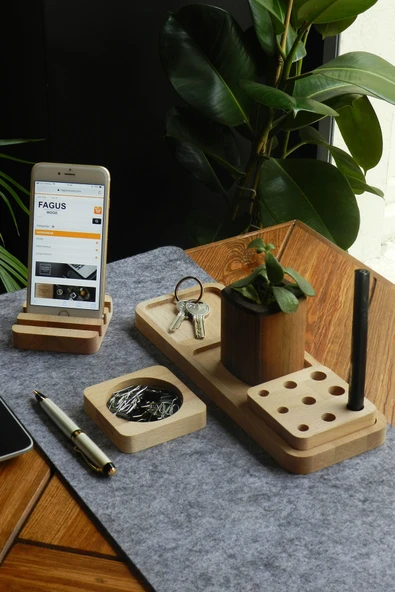 Fagus Wood Ahşap Masaüstü Düzenleyici Kalemlik Organizer, Ofis Aksesuarları Ve Çeşitleri, Terfi Ofis Hediyesi - Resim 2