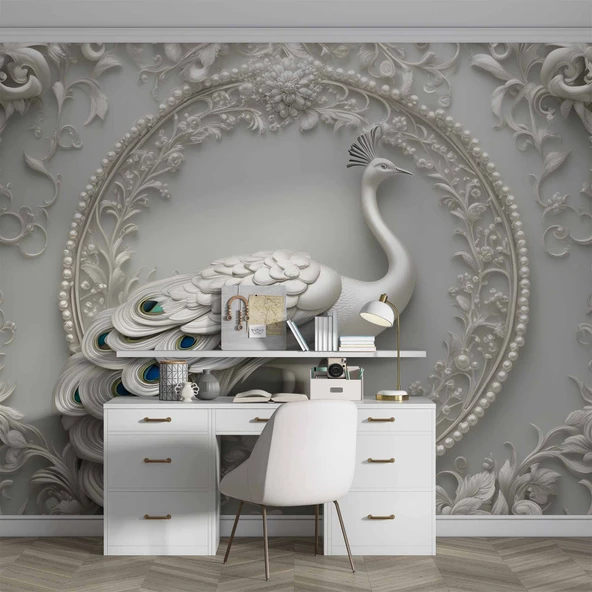 3D Beyaz Kabartma Görünümlü Tavuskuşu Duvar Kağıdı Baskı - Resim 4