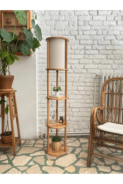 Fagus Wood Lona Raflı Lambader, 3 Katlı Ahşap Zemin Aydınlatması, Keten Abajurlu Masif Modern Dekoratif Lamba - Resim 3