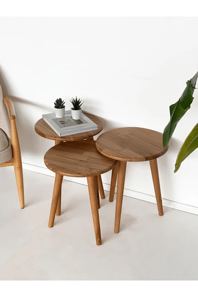 Fagus Wood ''Doğal Masif Ahşap Yörünge Sehpa Seti - 3'lü Zigon Yuvarlak Modern Takım (Yan, Dekoratif Sehpa)'' ürün görseli 1