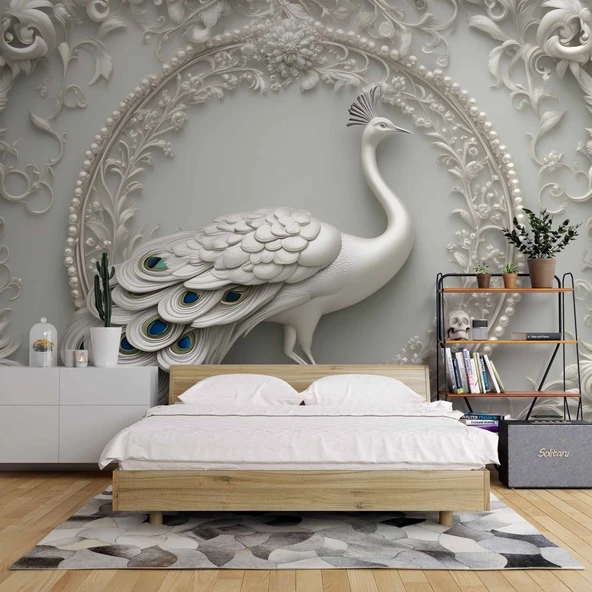 3D Beyaz Kabartma Görünümlü Tavuskuşu Duvar Kağıdı Baskı - Resim 2