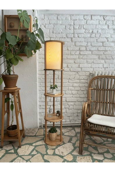 Fagus Wood Lona Raflı Lambader, 3 Katlı Ahşap Zemin Aydınlatması, Keten Abajurlu Masif Modern Dekoratif Lamba - Resim 8