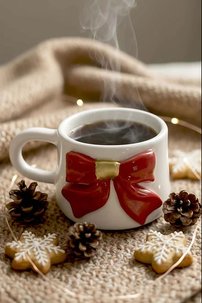 Kurdele Amore 24 K Altın Süslemeli El Yapımı Yılbaşı Hediyesi Seramik Double Kahve Fincanı, Mug, Kupa ürün görseli 1