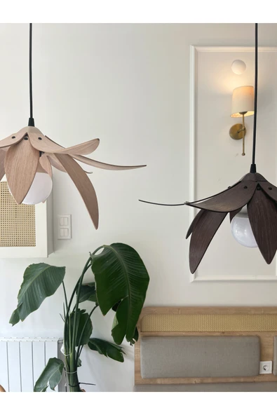 Fagus Wood Lotus Avize – Ahşap Modern ve Minimal Tasarım Avize, İskandinav Salon ve Oturma Odası Aydınlatması - Resim 3