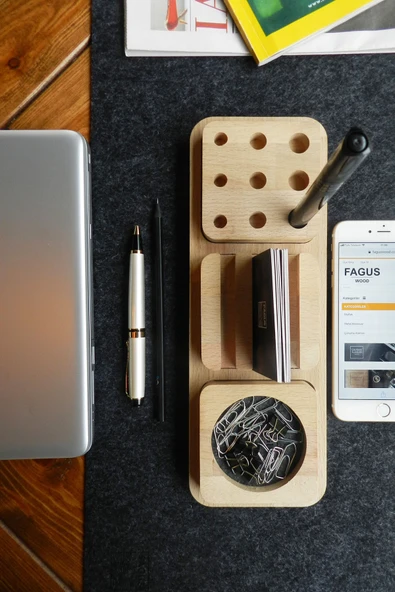 Fagus Wood Ahşap Masaüstü Düzenleyici Kalemlik Organizer, Ofis Aksesuarları Ve Çeşitleri, Terfi Ofis Hediyesi - Resim 3
