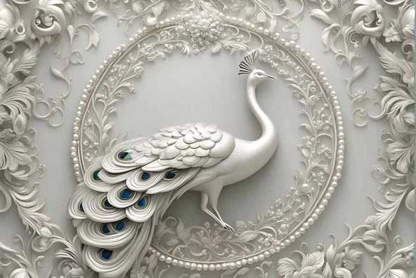 3D Beyaz Kabartma Görünümlü Tavuskuşu Duvar Kağıdı Baskı - Resim 7