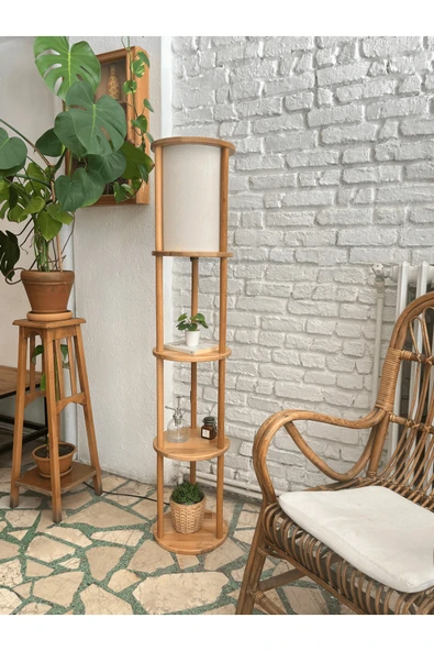 Fagus Wood Lona Raflı Lambader, 3 Katlı Ahşap Zemin Aydınlatması, Keten Abajurlu Masif Modern Dekoratif Lamba - Resim 7