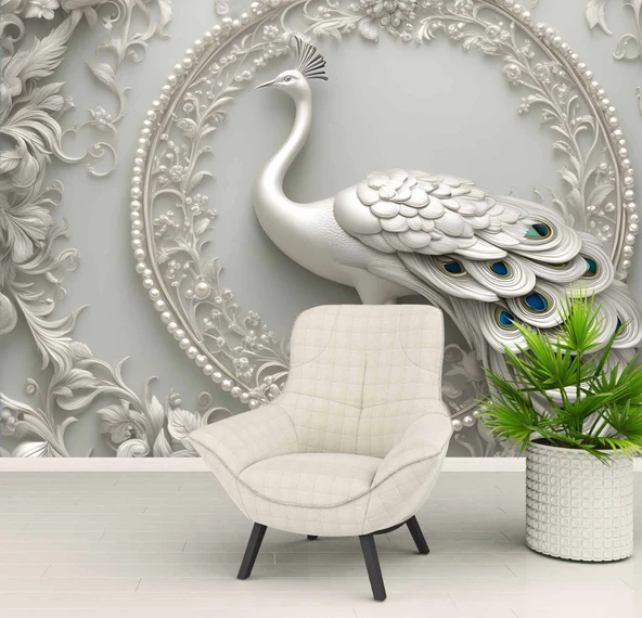 3D Beyaz Kabartma Görünümlü Tavuskuşu Duvar Kağıdı Baskı - Resim 6