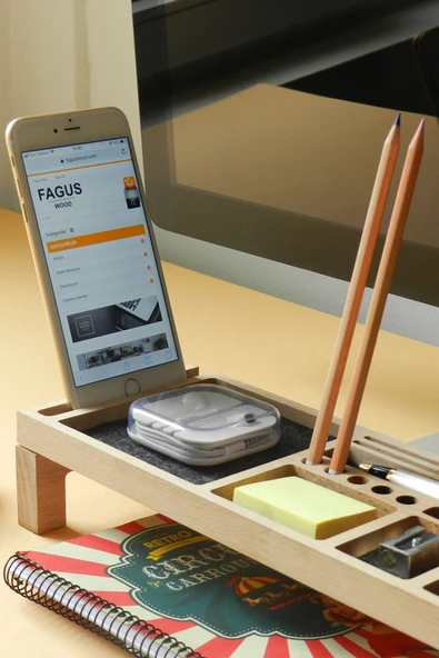 Fagus Wood Ofisinize Özel Masaüstü Aksesuarlar Ve Telefon Standı, Yeni Iş Hediyeleri , Masaüstü Düzenleyici - Resim 4