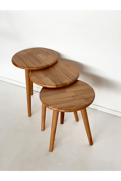 Fagus Wood ''Doğal Masif Ahşap Yörünge Sehpa Seti - 3'lü Zigon Yuvarlak Modern Takım (Yan, Dekoratif Sehpa)'' - Resim 5