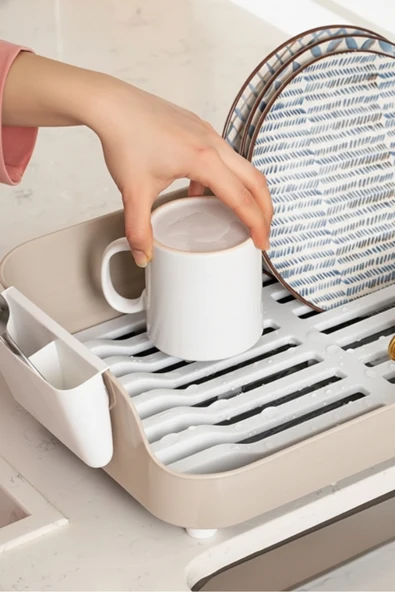 Lüks Tabaklık Bulaşıklık-Yönlendirilebilir Su Akıtma Kanallı Bulaşık Sepeti Bej Renk AKL-0640 - Resim 2