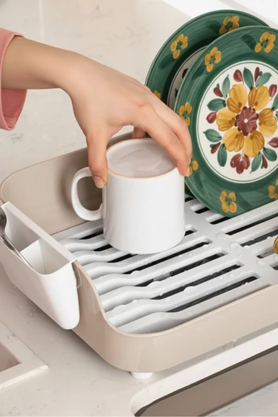 Lüks Tabaklık Bulaşıklık-Yönlendirilebilir Su Akıtma Kanallı Bulaşık Sepeti Bej Renk AKL-0640 - Resim 3