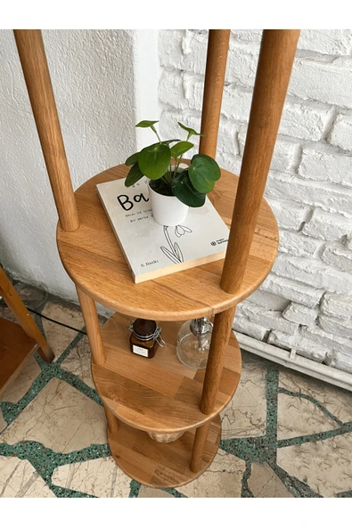 Fagus Wood Lona Raflı Lambader, 3 Katlı Ahşap Zemin Aydınlatması, Keten Abajurlu Masif Modern Dekoratif Lamba - Resim 2