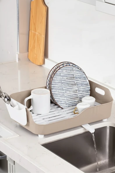 Lüks Tabaklık Bulaşıklık-Yönlendirilebilir Su Akıtma Kanallı Bulaşık Sepeti Bej Renk AKL-0640 ürün görseli 1
