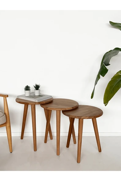 Fagus Wood ''Doğal Masif Ahşap Yörünge Sehpa Seti - 3'lü Zigon Yuvarlak Modern Takım (Yan, Dekoratif Sehpa)'' - Resim 3