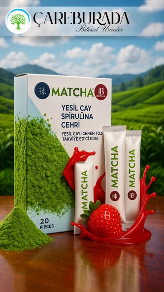 MATCHA YEŞİL ÇAY+SPİRULİNA+CEHRİ ÇİLEK AROMALI 20 Stick ürün görseli 1