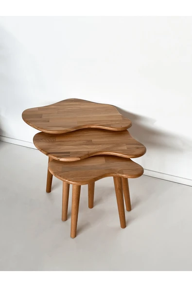 Fagus Wood 3'lü Zigon Bulut Sehpa Seti Masif Doğal Ahşap – İskandinav Modern Tasarım, Yan & Dekoratif Sehpa - Resim 2