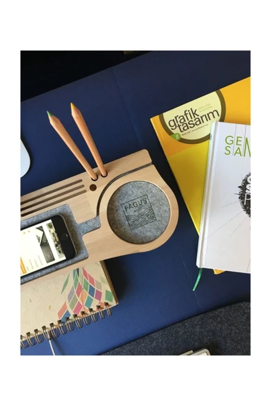 Fagus Wood Ahşap Masa Üstü Kalemlik Organizer Şarj Yerli Telefon Standı - Resim 5