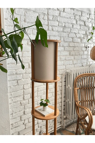 Fagus Wood Lona Raflı Lambader, 3 Katlı Ahşap Zemin Aydınlatması, Keten Abajurlu Masif Modern Dekoratif Lamba - Resim 6