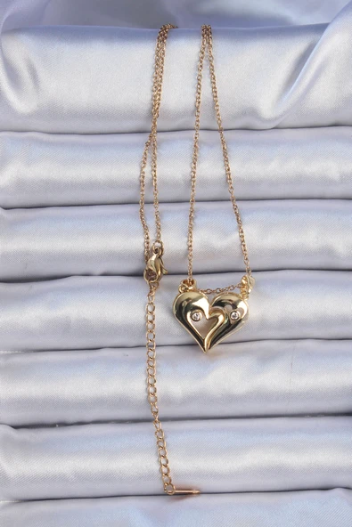 316L Çelik Zincir Altın Renk Zirkon Taşlı Mıknatıslı Kalp Kolye - TJ-BKO9081 - Resim 2
