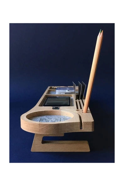 Fagus Wood Ahşap Masa Üstü Kalemlik Organizer Şarj Yerli Telefon Standı - Resim 6