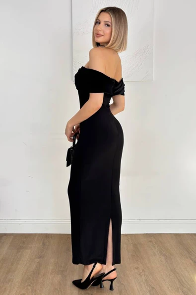 Kadife Etekli Boyundan Bağlamalı Dantel/Jakar Uzun Abiye - Resim 2