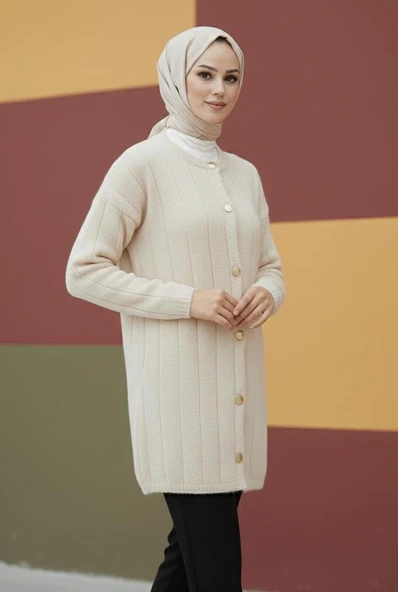 Simli Çizgili Uzun Tesettür Hırka - Resim 11