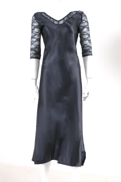 Doremi Dantel Kollu Yırtmaçlı Saten Maksi Gecelik ürün görseli 1