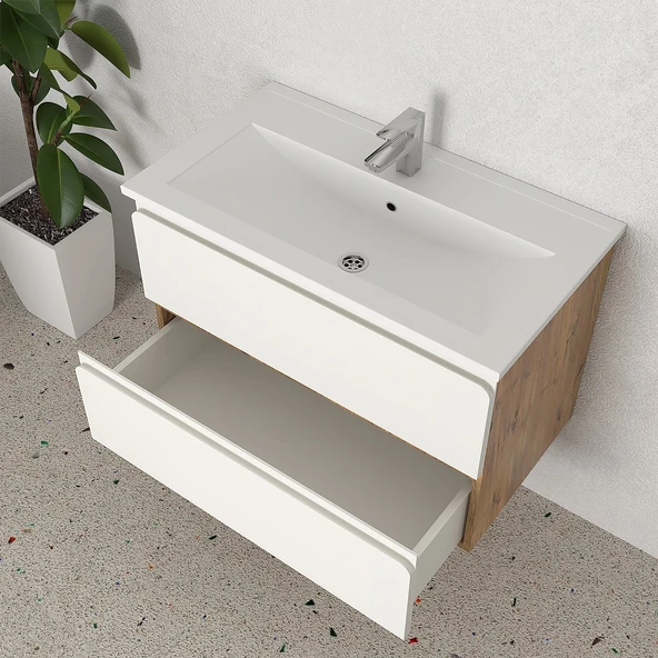 Teta Home Granada 80 cm MDF Gövde Membran Kapak Banyo Dolabı Seti + Boy Dolabı  Atlantik Çam- Beyaz - Resim 3