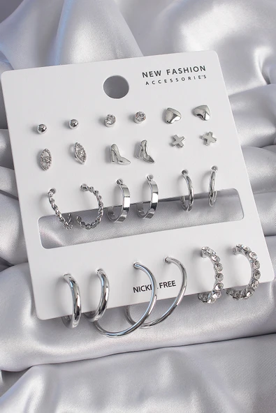 Pirinç Gümüş Renk Zirkon Taş Detaylı 12 Çift Kadın Küpe Seti - TJ-BKP9683 ürün görseli 1