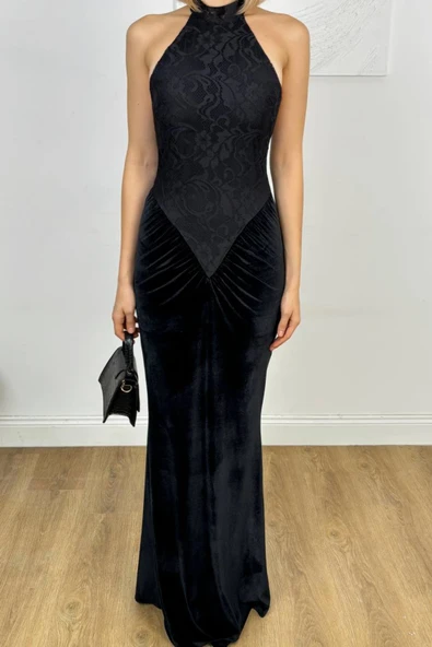 Luks Kadife Balık Modeli Boyundan Bağlamalı Uzun Abiye Elbise - Resim 3