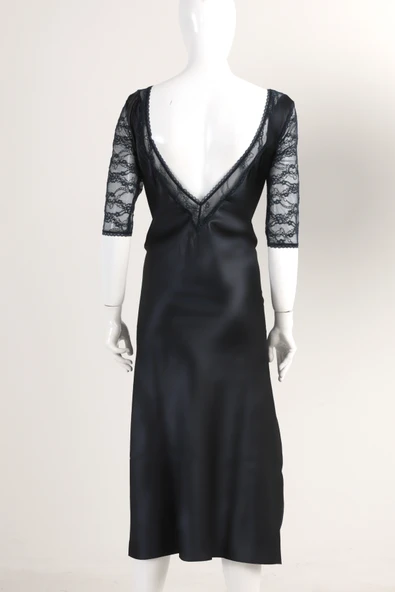 Doremi Dantel Kollu Yırtmaçlı Saten Maksi Gecelik - Resim 3