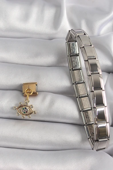 316L Çelik Gold Renk Sallantı Zirkon Taşlı Göz Model Nomination Charm - TJ-BC1195 - Resim 2