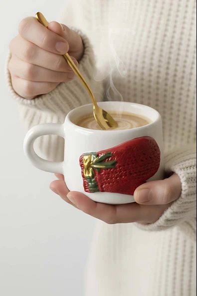 Eldiven Amore 24 K Altın Süslemeli El Yapımı Yılbaşı Hediyesi Seramik Double Kahve Fincanı, Mug, Kupa - Resim 2