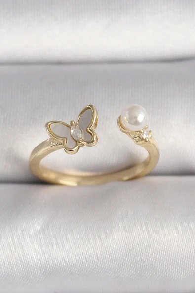 Pirinç Gold Renk Zirkon Taş Detaylı Beyaz Mineli Kelebek Model İnci Detay Ayarlanabilir Yüzük - TJ-BYK3523 ürün görseli 1