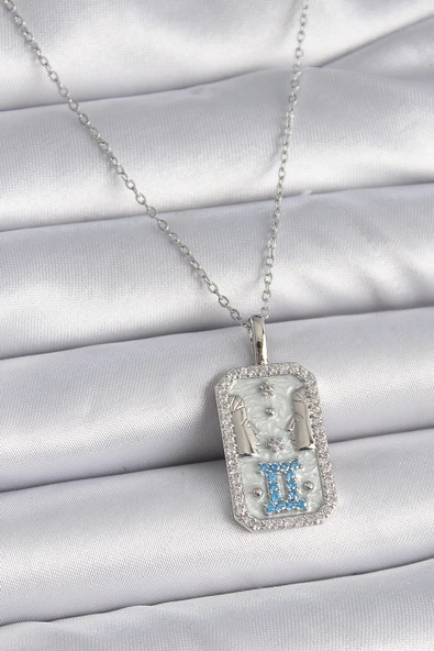 316L Çelik Gümüş Renk Zincir İkizler Burcu Zirkon Taşlı Kadın Kolye - TJ-BKO9446 ürün görseli 1