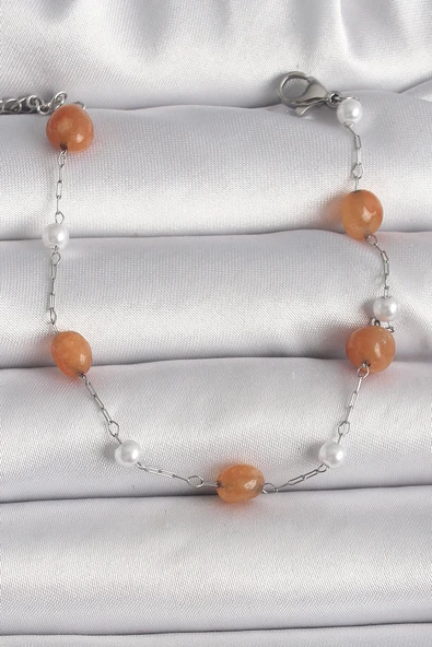 316L Çelik Gümüş Renk Turuncu Doğaltaş Model İnci Detay Kadın Bileklik - TJ-BB6602 ürün görseli 1