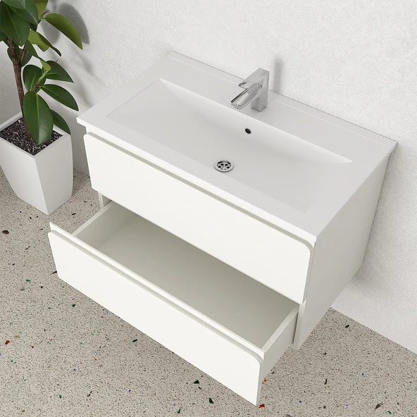Teta Home Granada 80 cm MDF Gövde Membran Kapak Banyo Dolabı Seti + Boy Dolabı  Beyaz - Resim 2